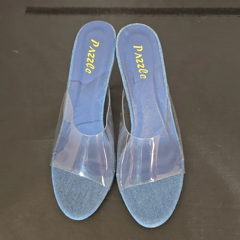 BRAND NEW PAZZLE RHINESTONE HEEL EMBROIDERED CLEAR  OPEN-TOE STRAP SANDAL